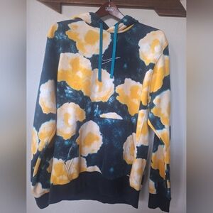 Nike All Over Floral Print Hoodie Blue/Yellow Logo Pullover Mens Size L